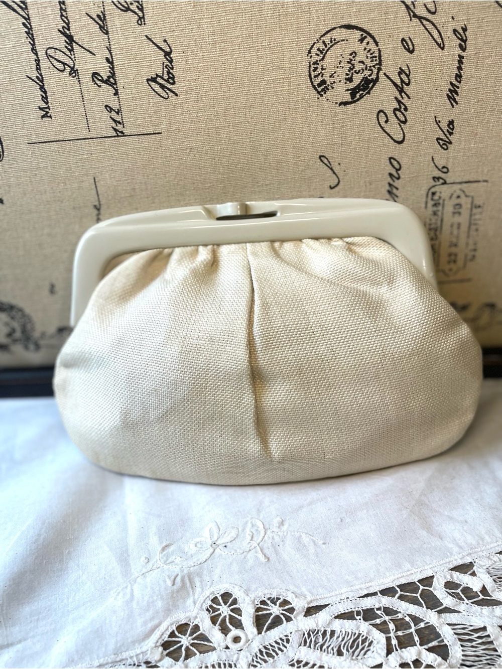 Vintage natural woven linen clutch bag Italy